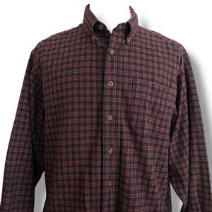 Vintage Woolrich Mens Shirt XL Navy Blue Brown Plaid Wool Button Down Cabincore